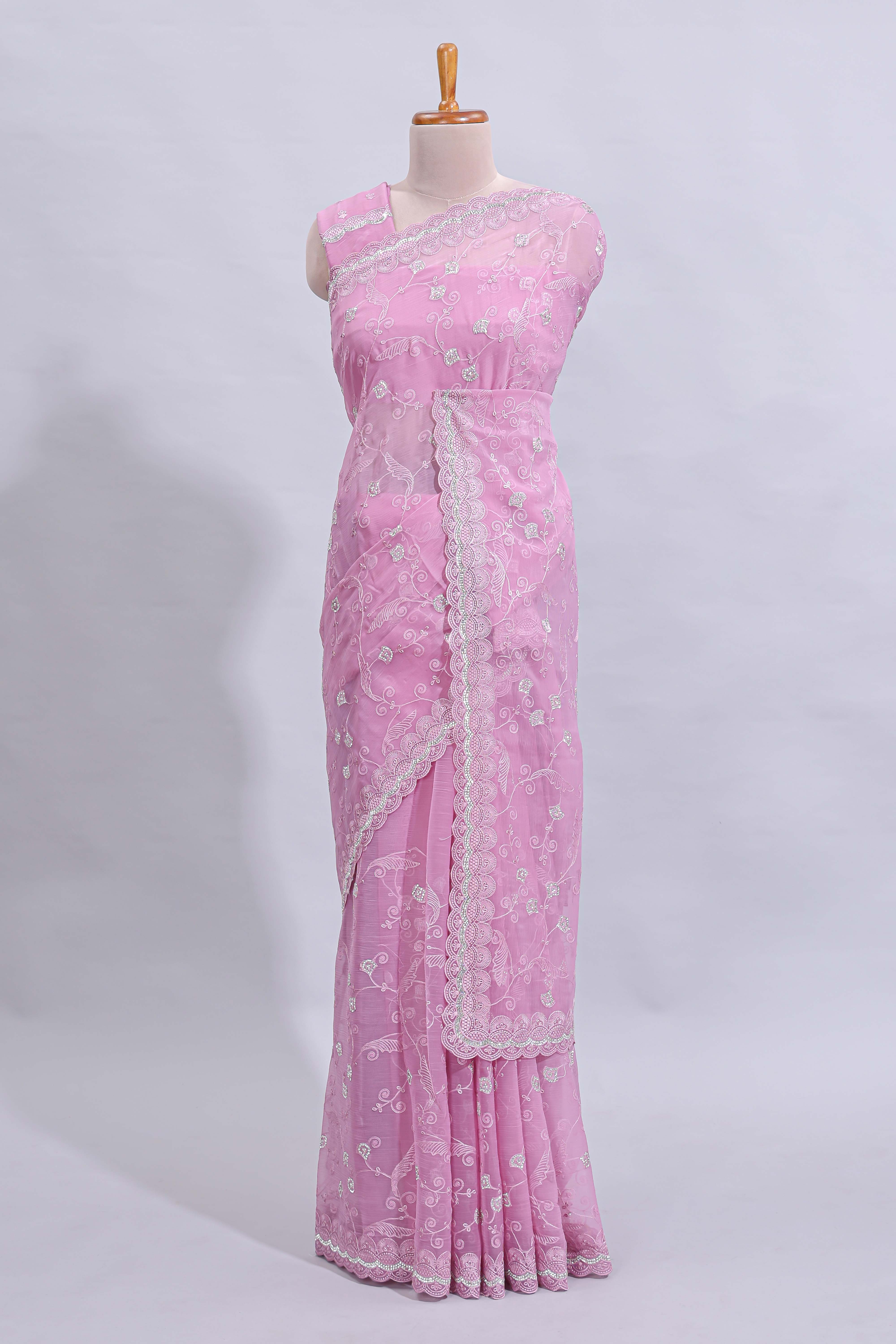 Pink floral design chamki work designer saree with self scallop border and matching blouse