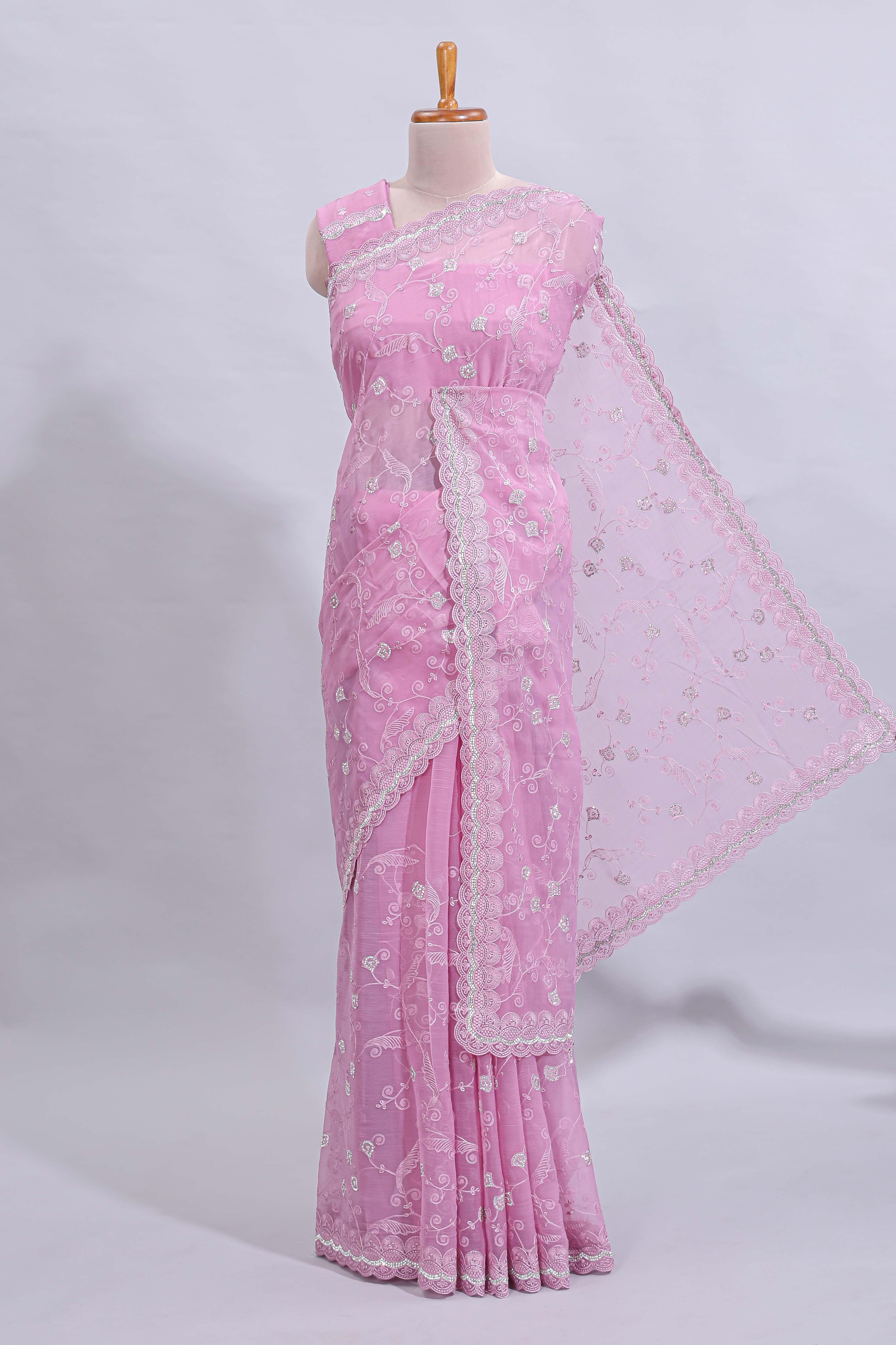 Pink floral design chamki work designer saree with self scallop border and matching blouse