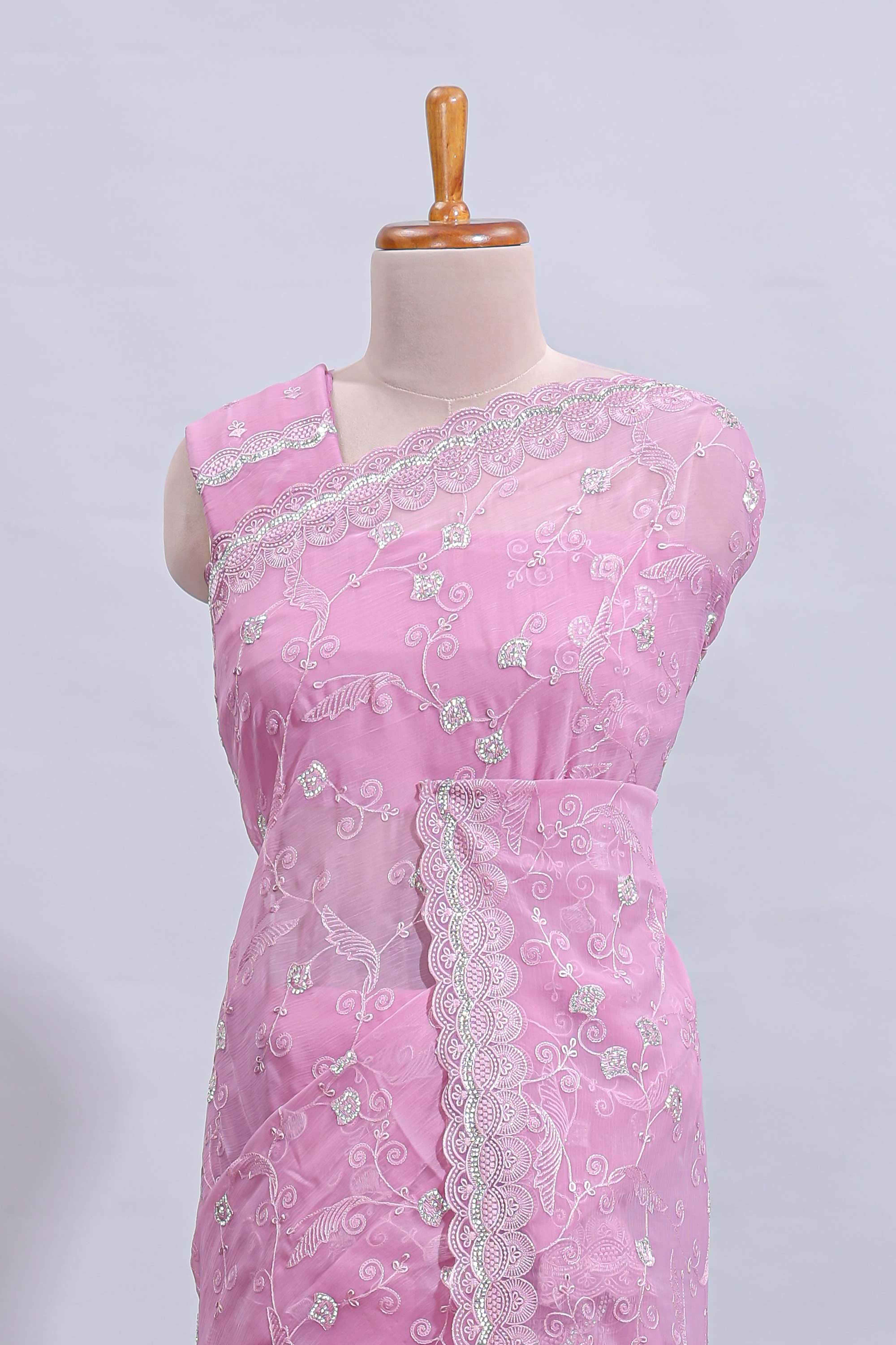 Pink floral design chamki work designer saree with self scallop border and matching blouse