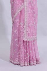 Pink floral design chamki work designer saree with self scallop border and matching blouse