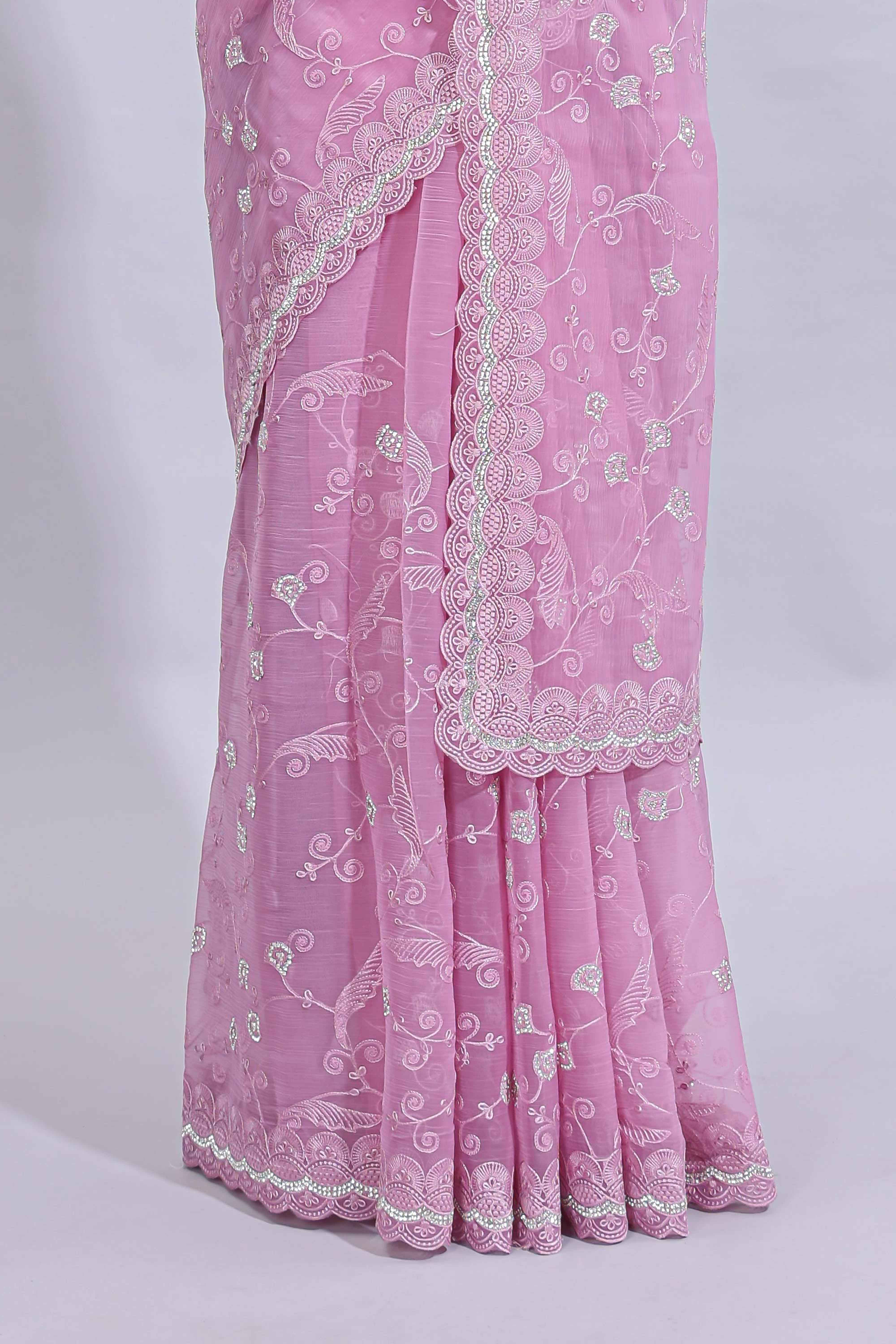 Pink floral design chamki work designer saree with self scallop border and matching blouse