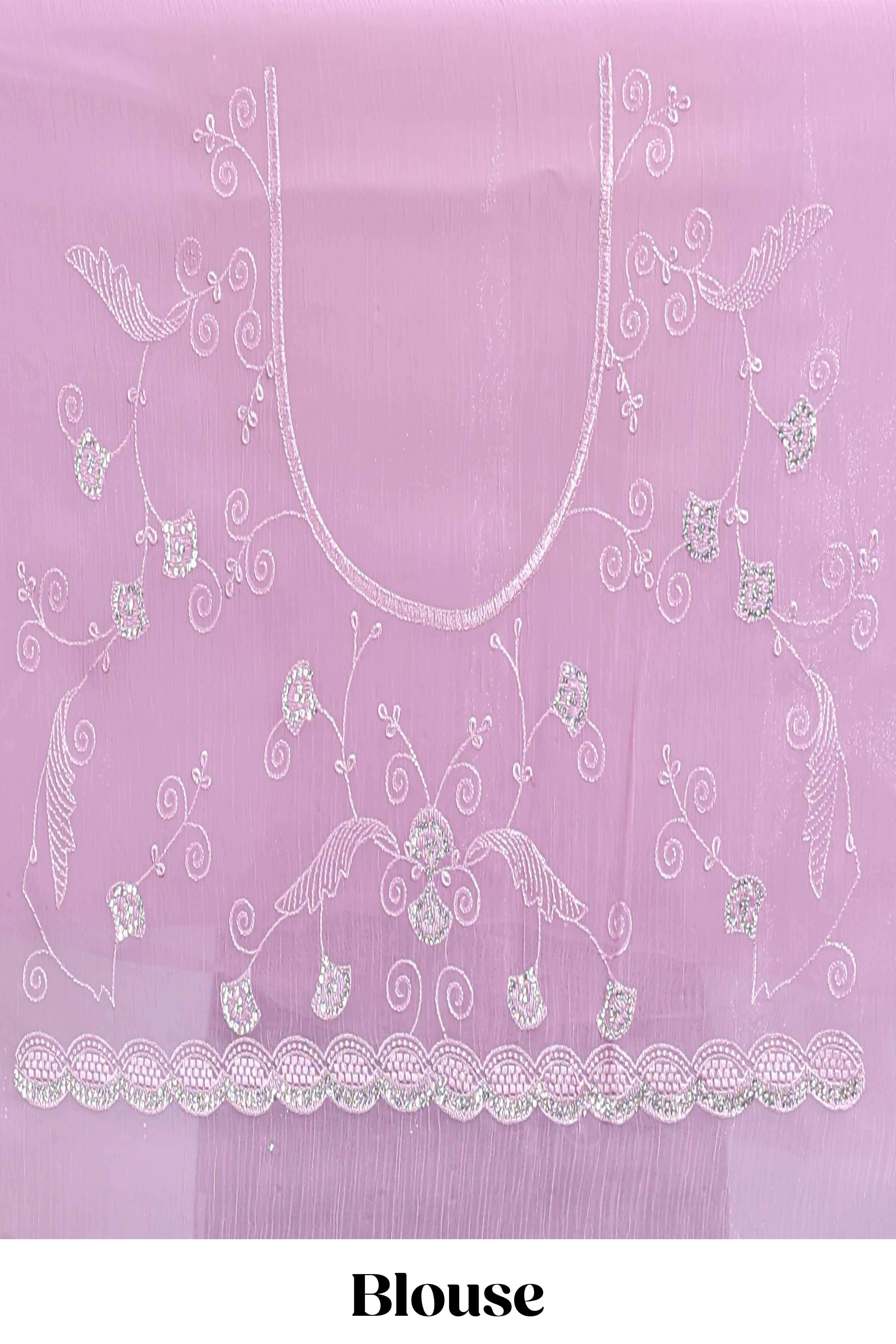 Pink floral design chamki work designer saree with self scallop border and matching blouse
