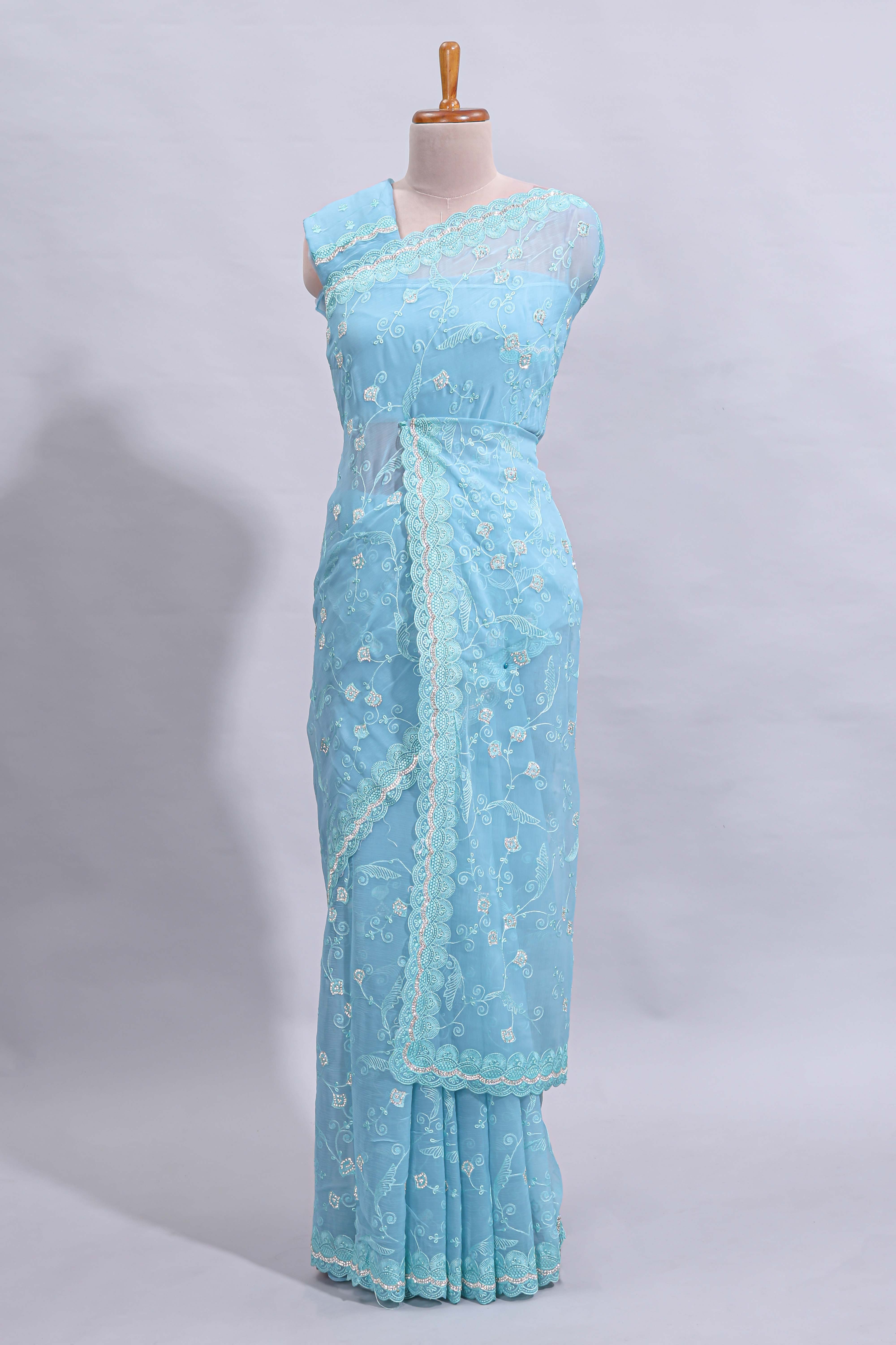 Blue floral design chamki work designer saree with self scallop border and matching blouse