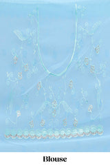 Blue floral design chamki work designer saree with self scallop border and matching blouse