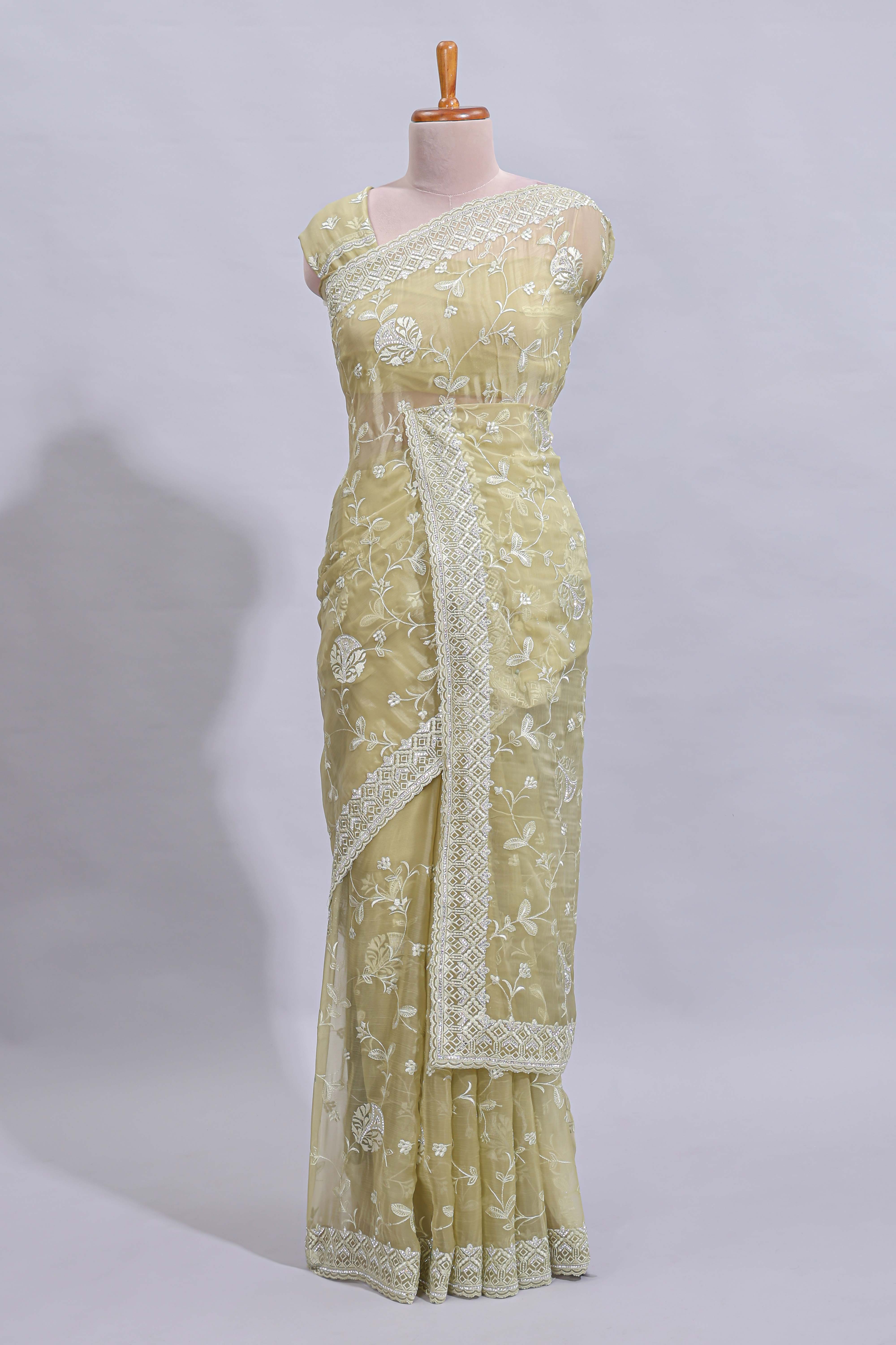 Olive green floral design chamki work designer saree with self scallop border and matching blouse