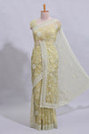 Olive green floral design chamki work designer saree with self scallop border and matching blouse
