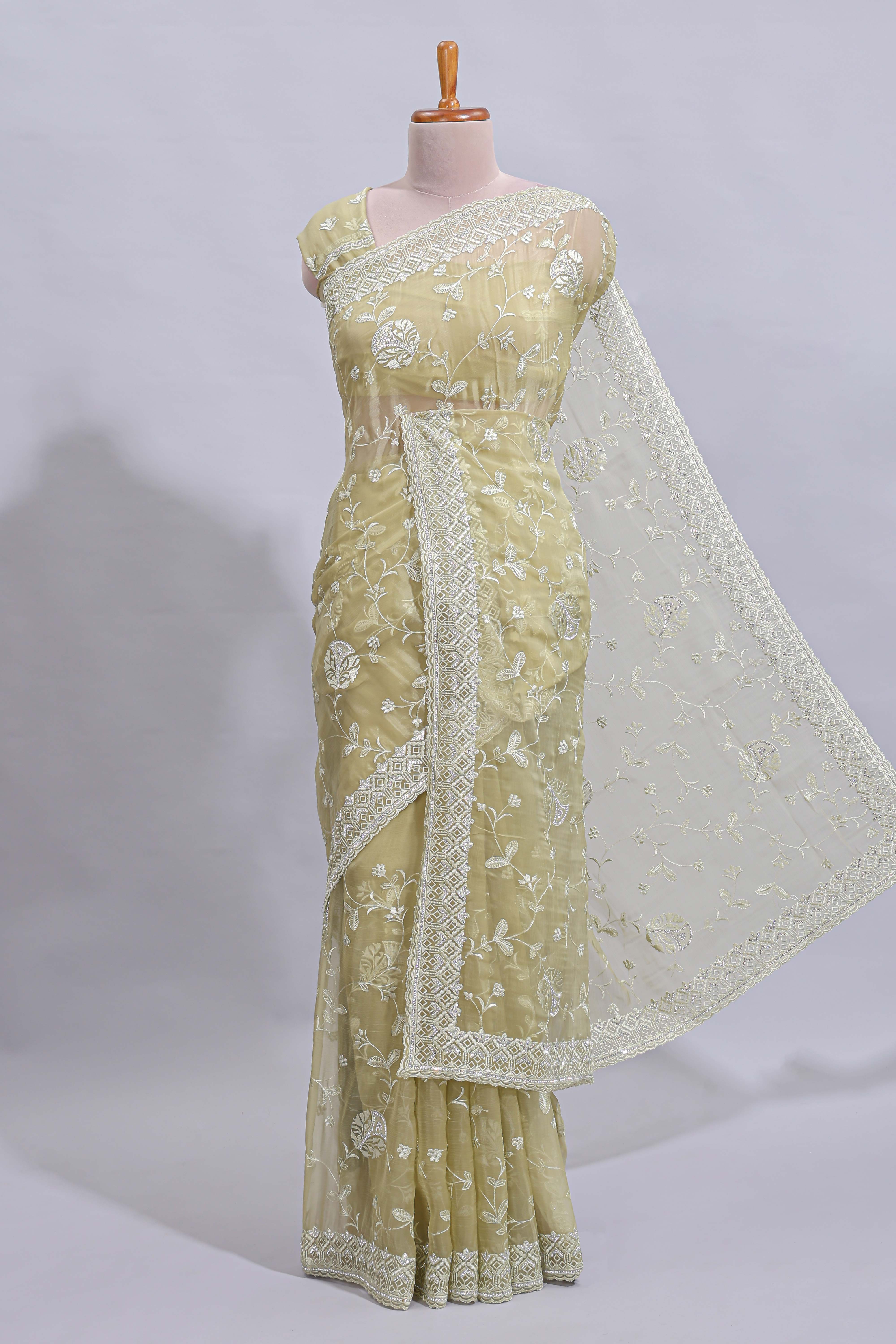 Olive green floral design chamki work designer saree with self scallop border and matching blouse