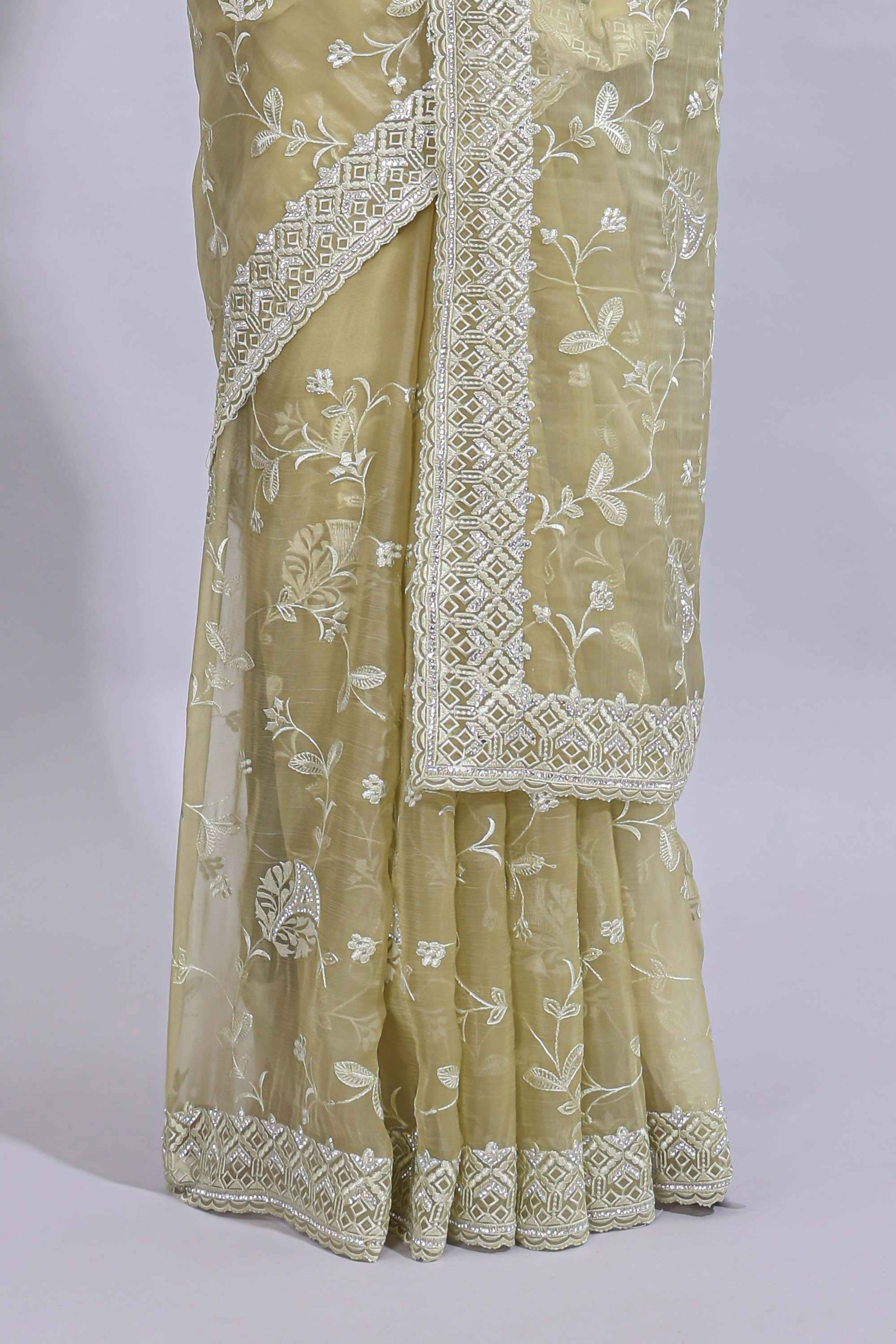 Olive green floral design chamki work designer saree with self scallop border and matching blouse