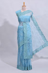Blue floral design chamki work designer saree with self scallop border and matching blouse