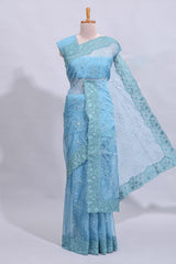 Blue floral design chamki work designer saree with self scallop border and matching blouse