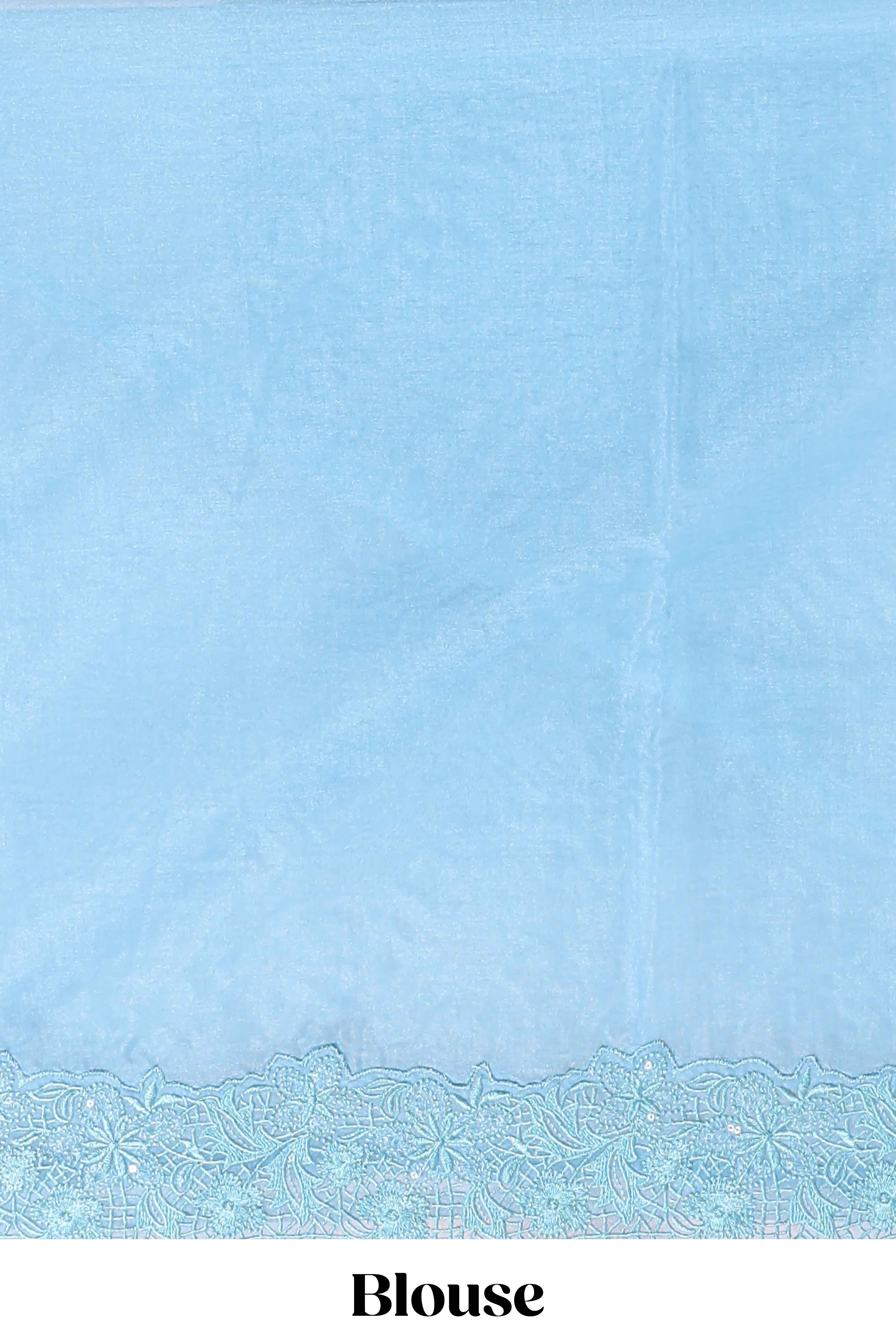 Blue floral design chamki work designer saree with self scallop border and matching blouse