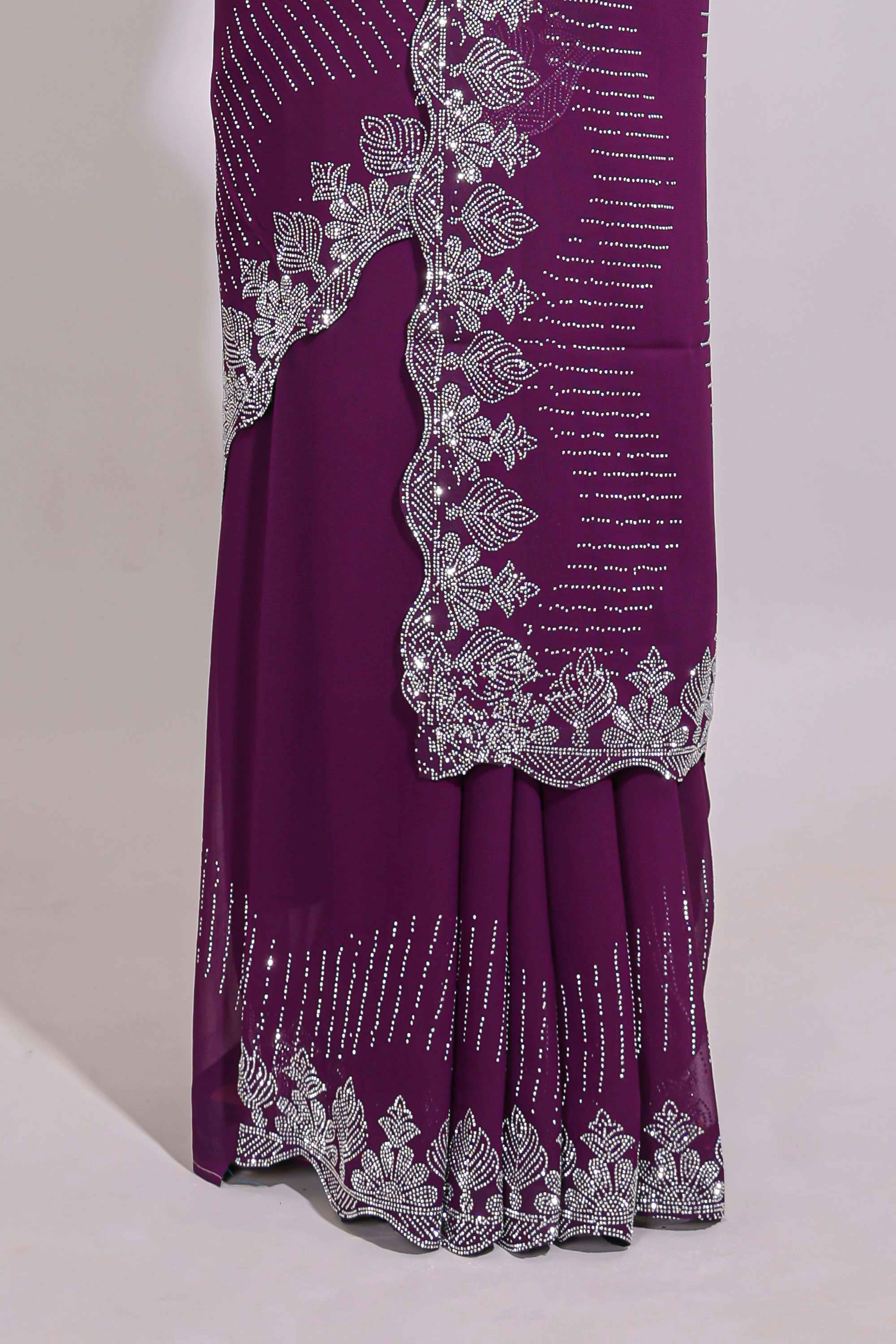 Purple saree with silver sequin wave patternembellished scallop border and matching designer pallu along with work blouse