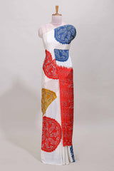 Borderless white bandhani style mirror work masakali saree with multicolor design and contrast blouse