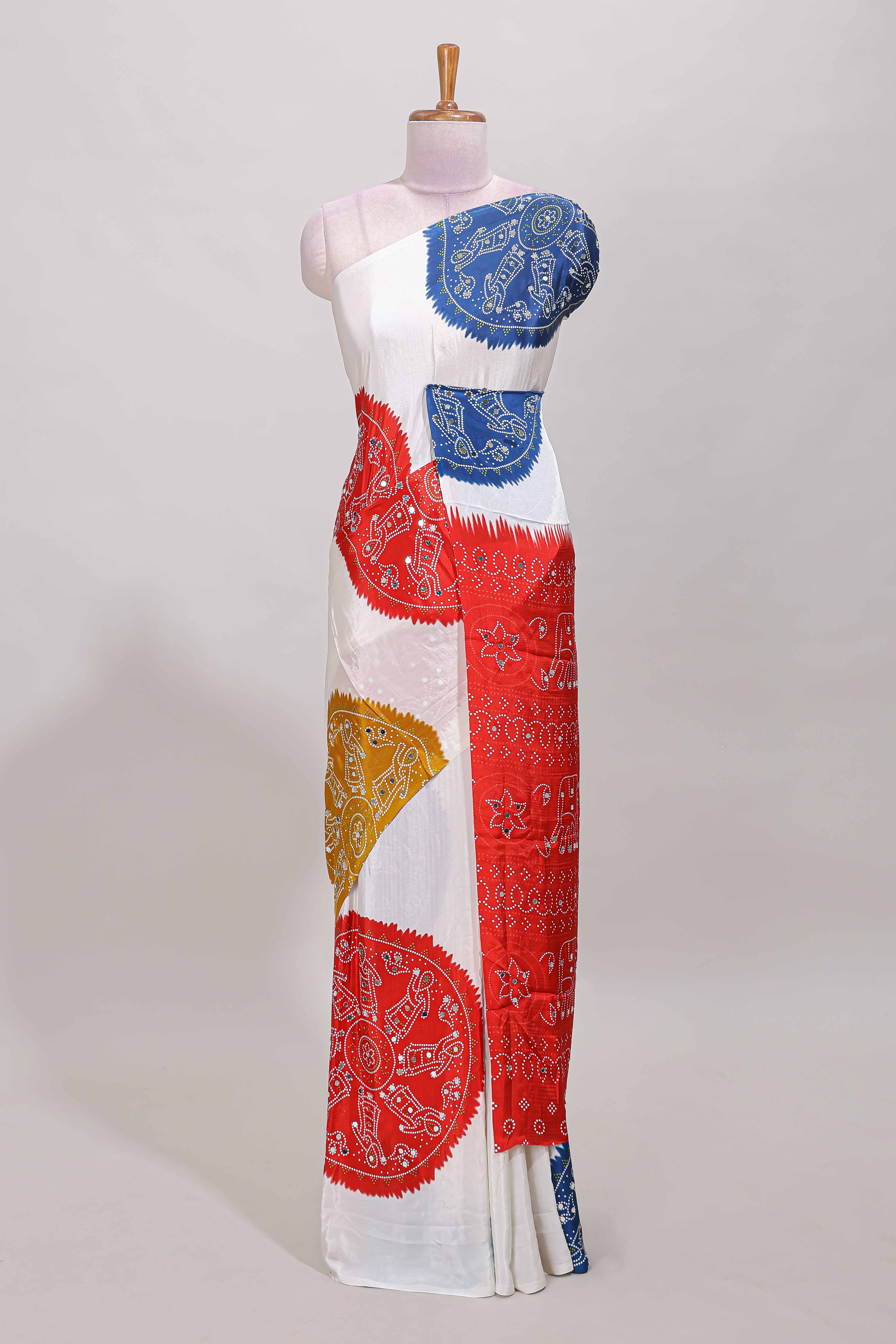 Borderless white bandhani style mirror work masakali saree with multicolor design and contrast blouse