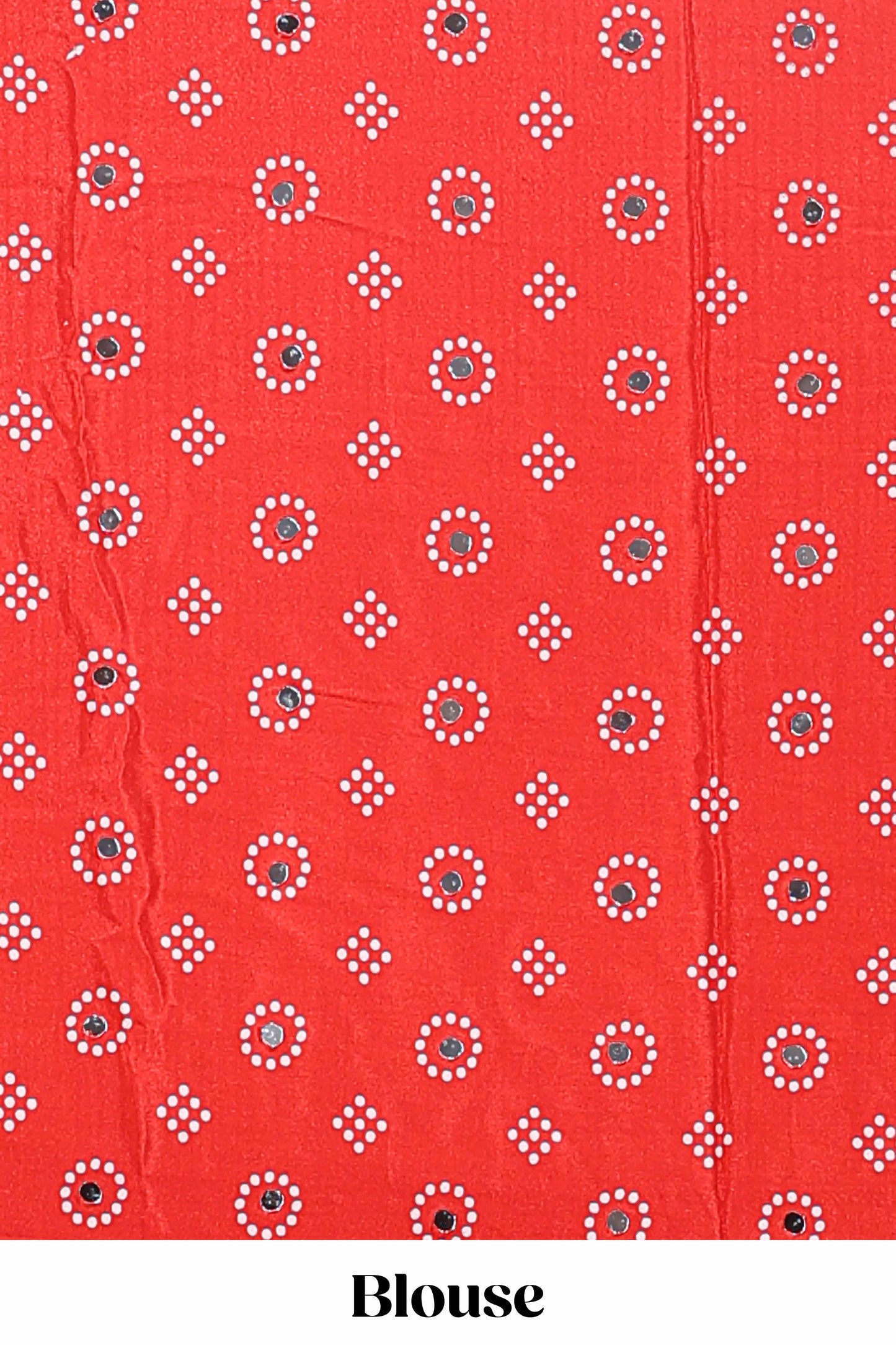 Borderless white bandhani style mirror work masakali saree with multicolor design and contrast blouse