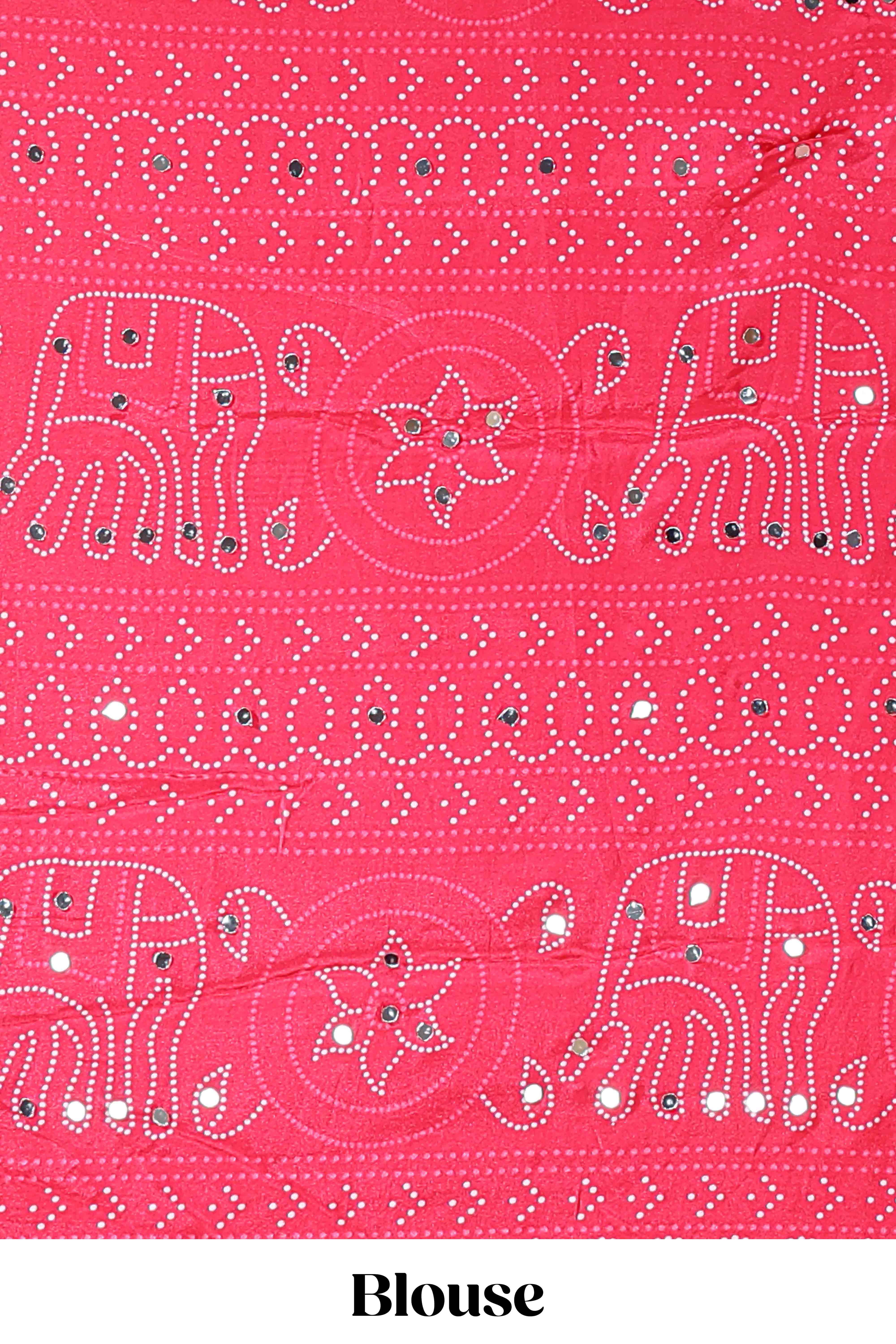 Borderless white bandhani style mirror work masakali saree with multicolor design and contrast blouse