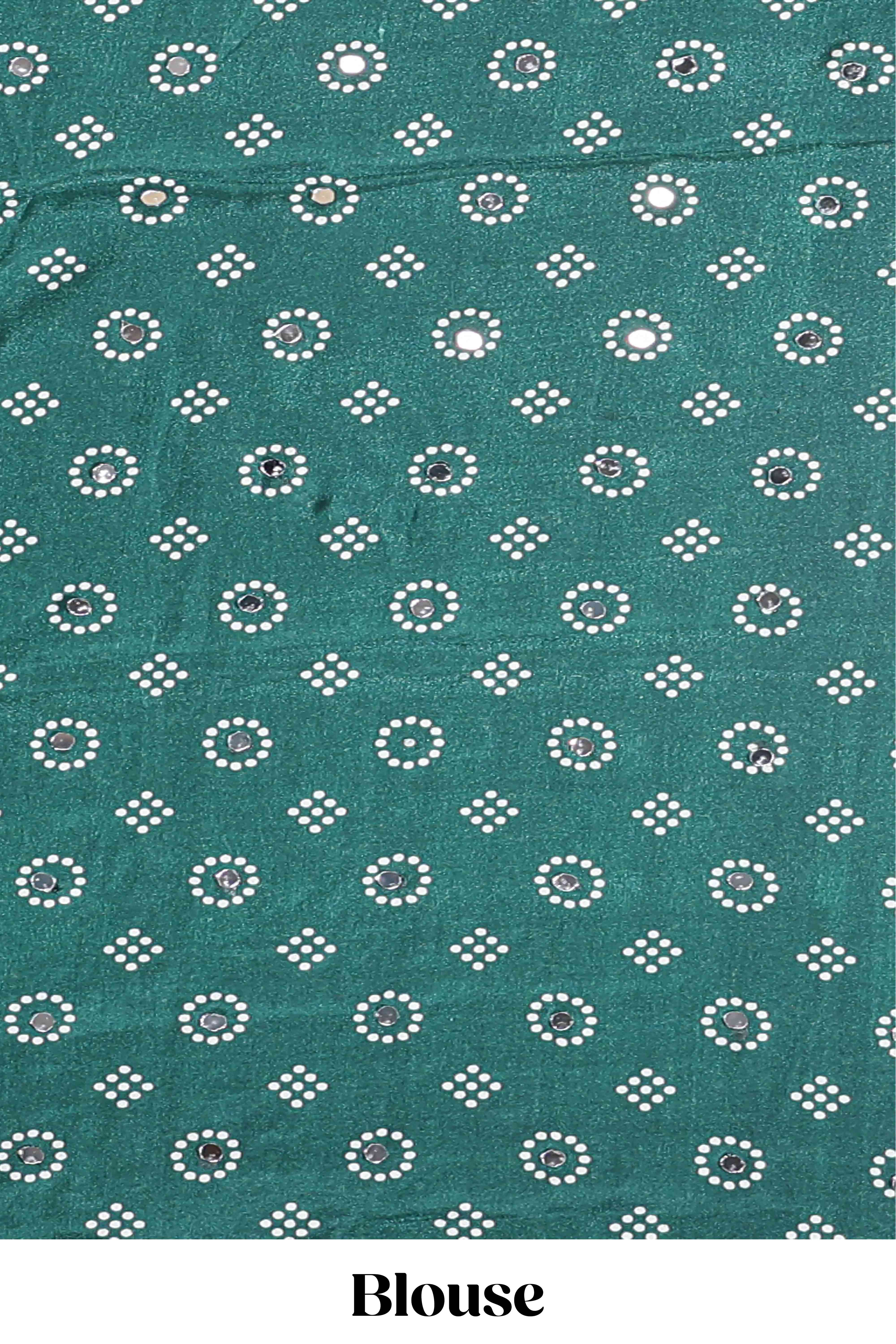 Borderless white bandhani style mirror work masakali saree with multicolor design and contrast blouse