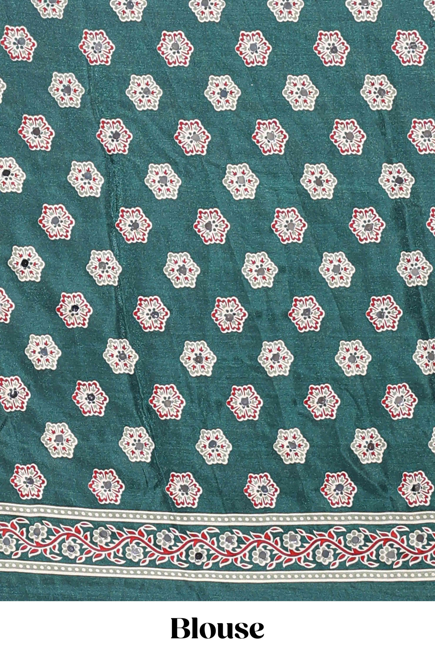 Borderless green floral design georgette saree with printed pallu and matching blouse