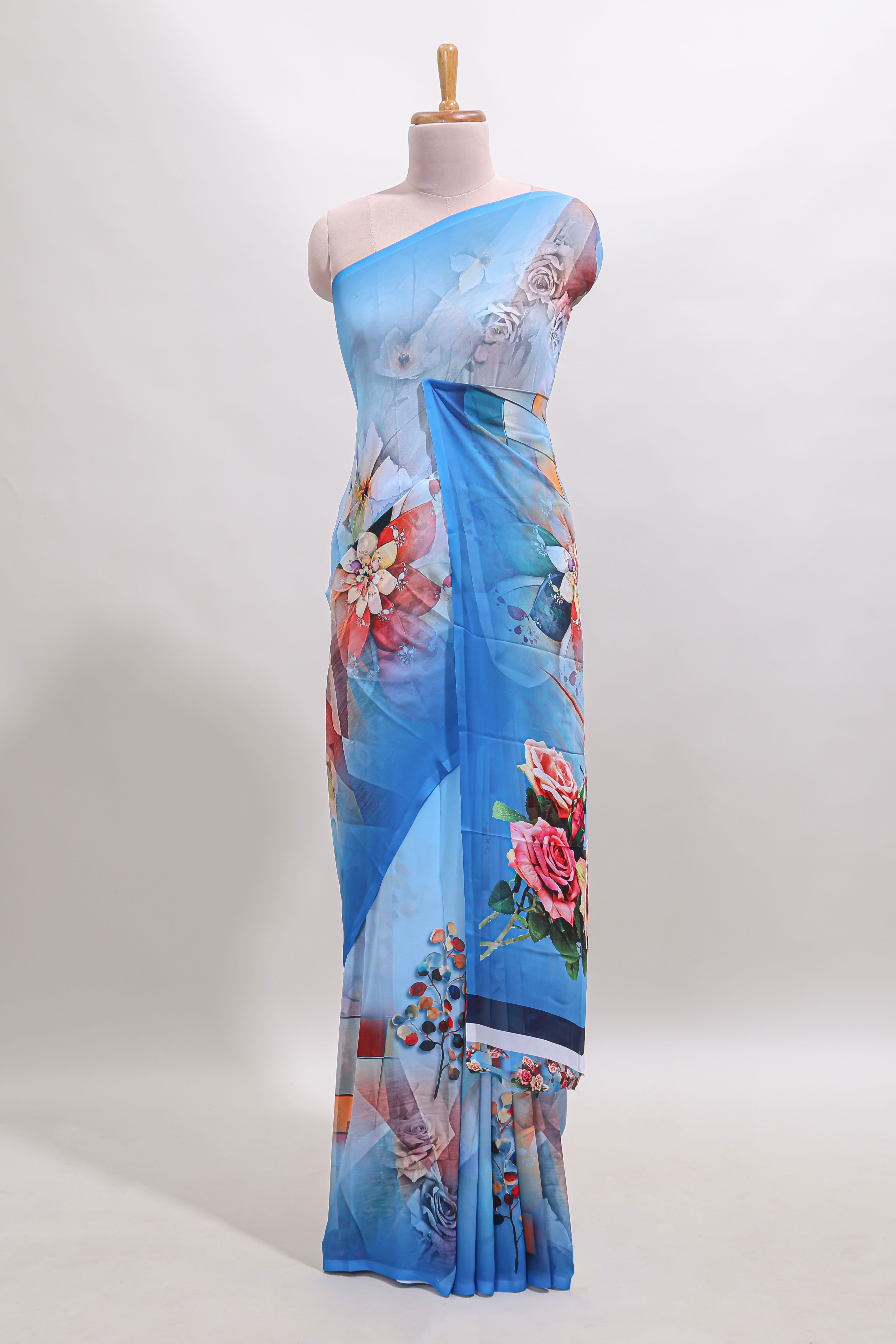 Borderless blue digital floral design georgette saree with matching printed blouse
