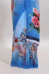 Borderless blue digital floral design georgette saree with matching printed blouse