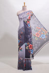 Borderless Grey digital floral design georgette saree with matching printed blouse
