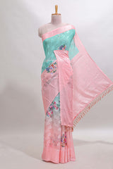 urquiose green and pink dual shade floral design georgette saree with contrast zari border and blouse