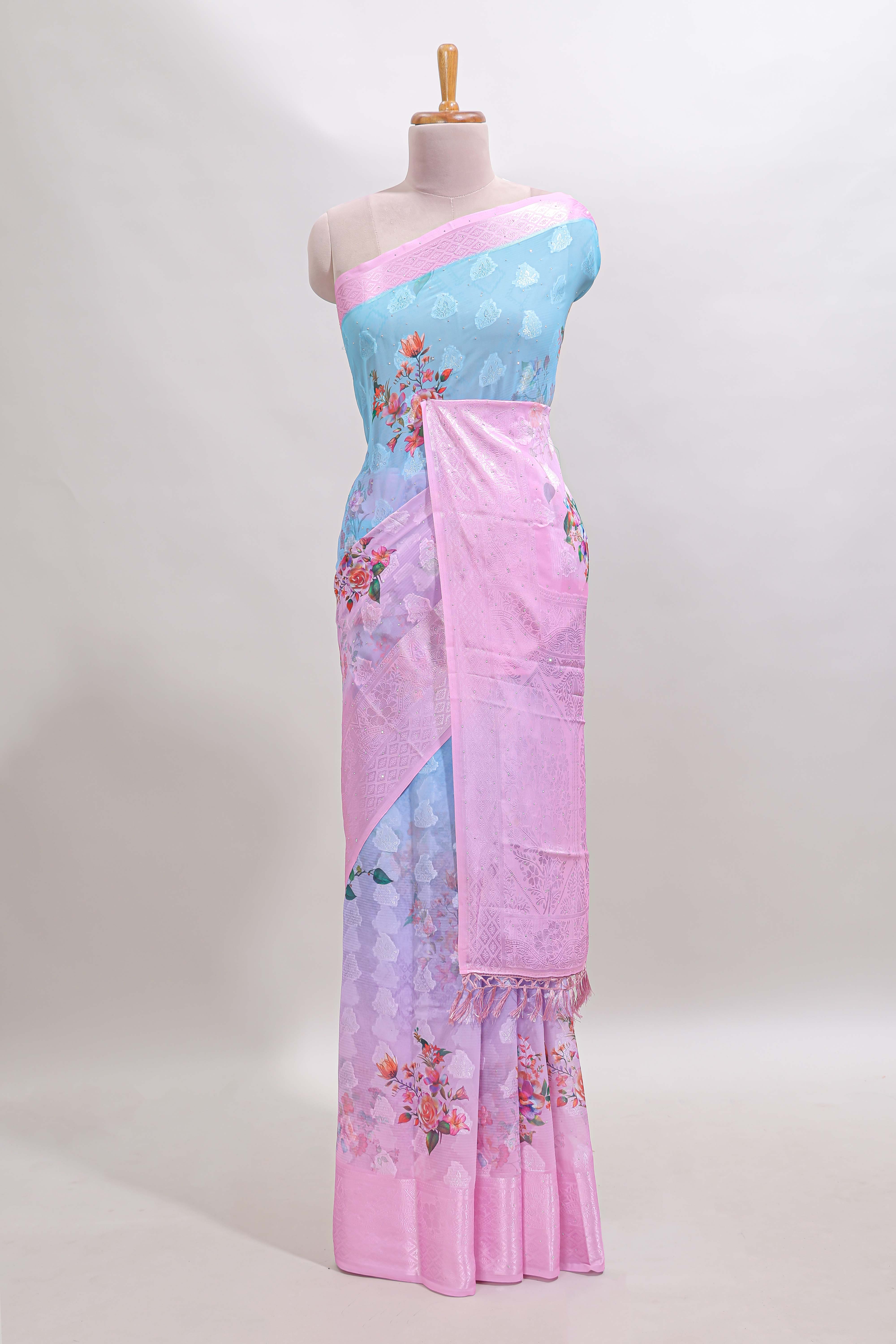 Blue & pink dual shade floral design georgette saree with contrast zari border and blouse