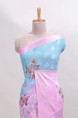 Blue & pink dual shade floral design georgette saree with contrast zari border and blouse