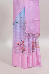 Blue & pink dual shade floral design georgette saree with contrast zari border and blouse