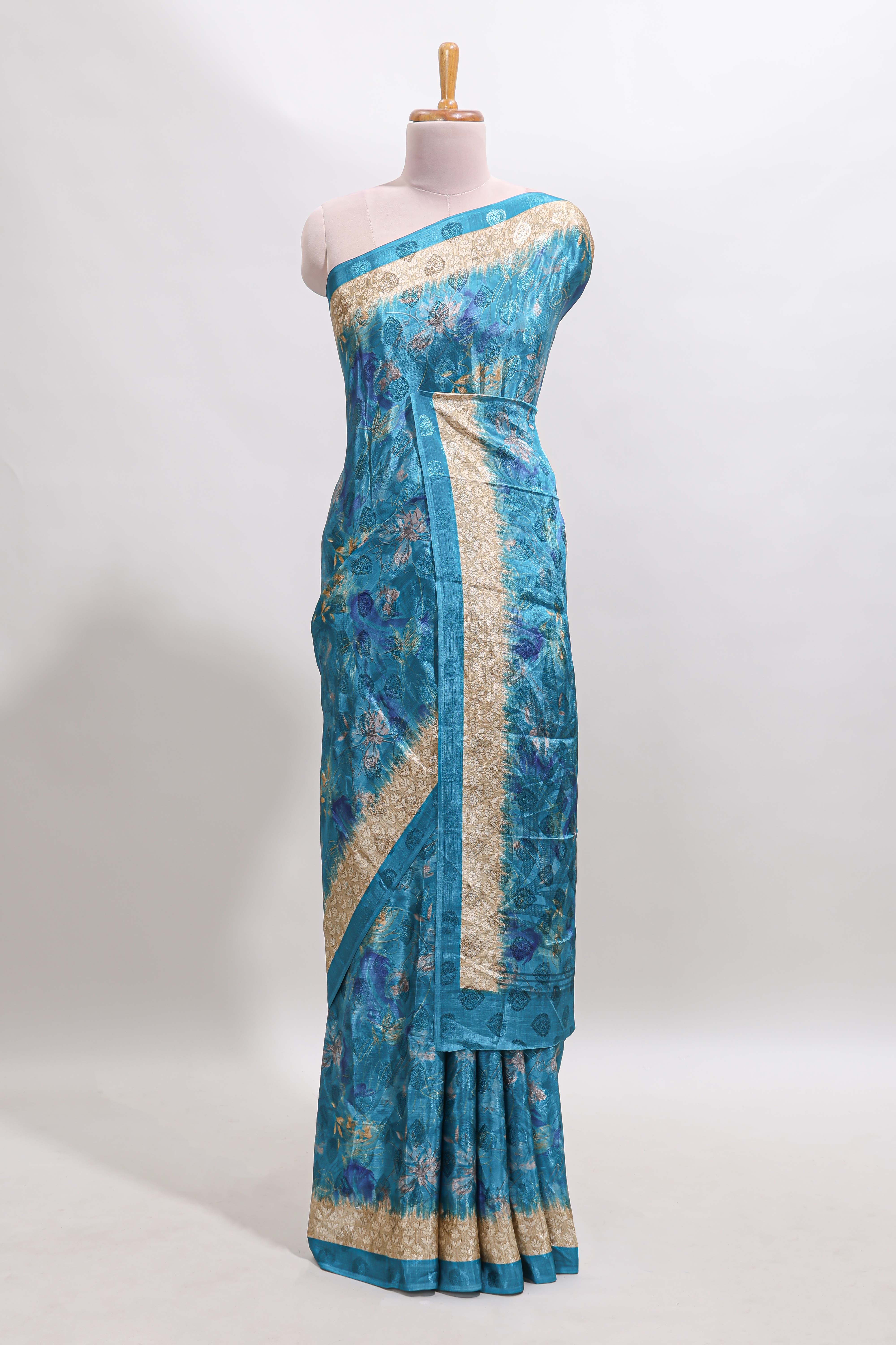 Blue floral design georgette saree with contrast border and matching blouse