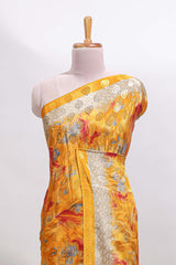 Golden yellow floral design georgette saree with contrast border and matching blouse