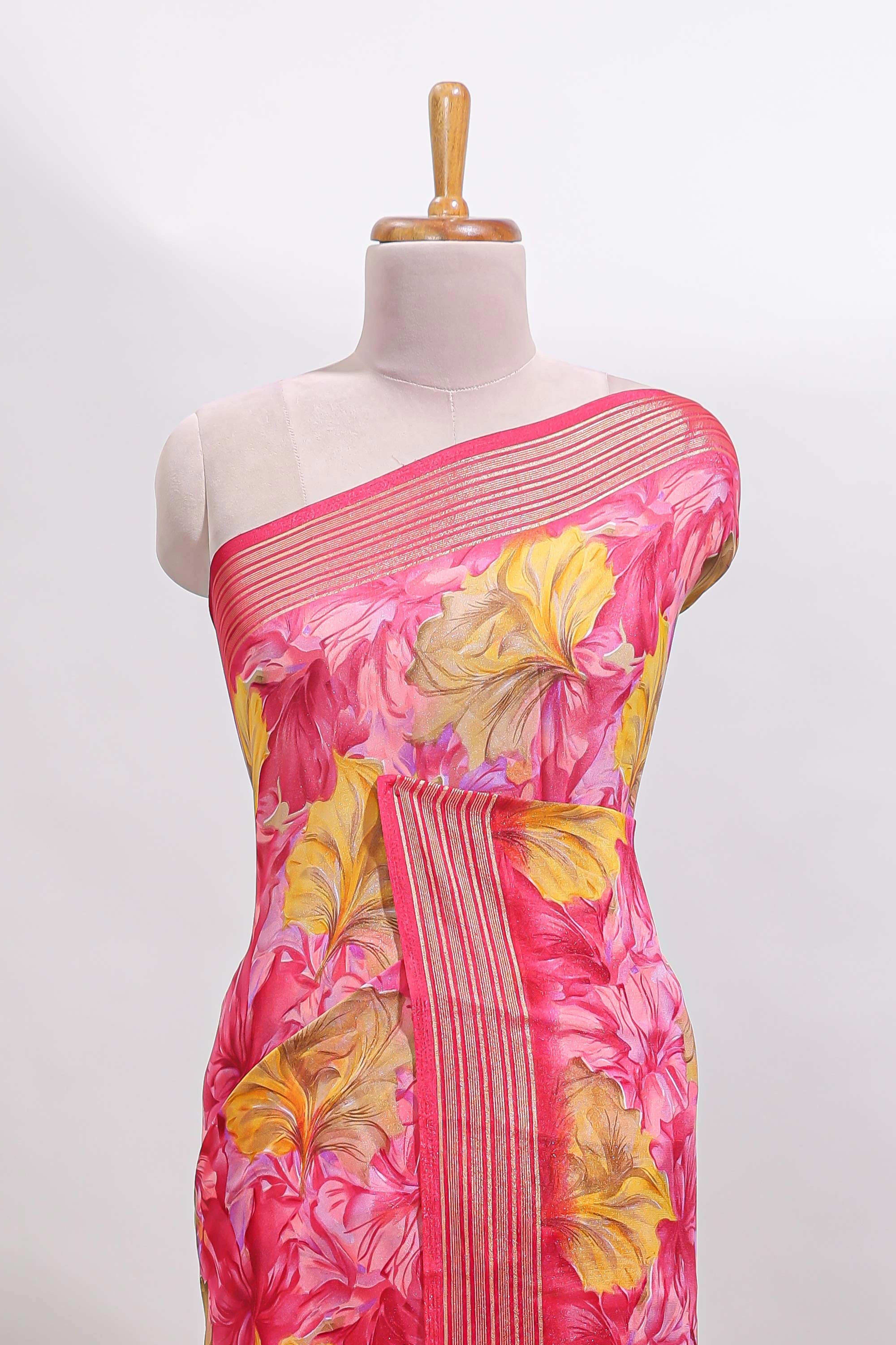 Pink floral design georgette saree with self border and matching blouse