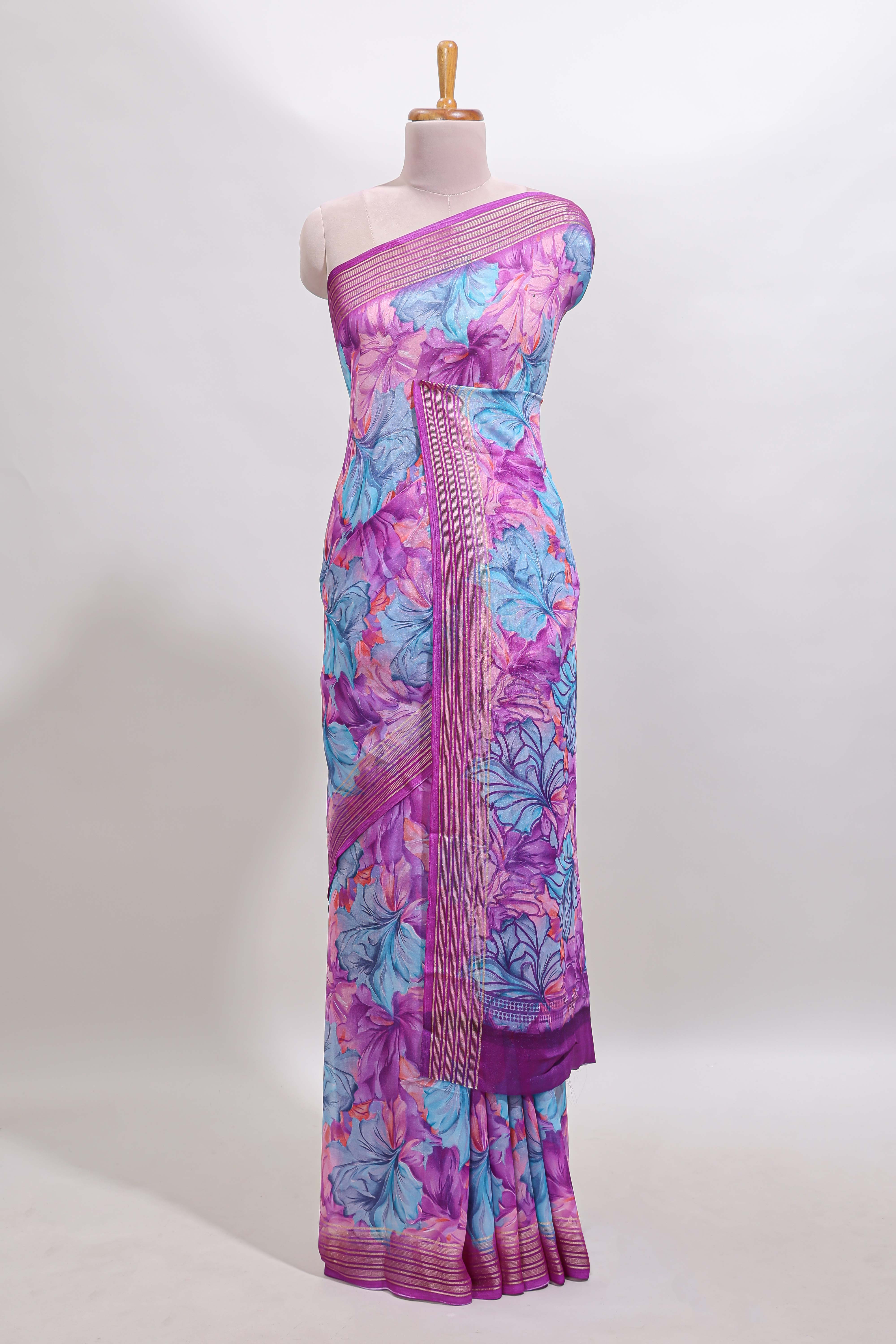 Lavender floral design georgette saree with self border and matching blouse