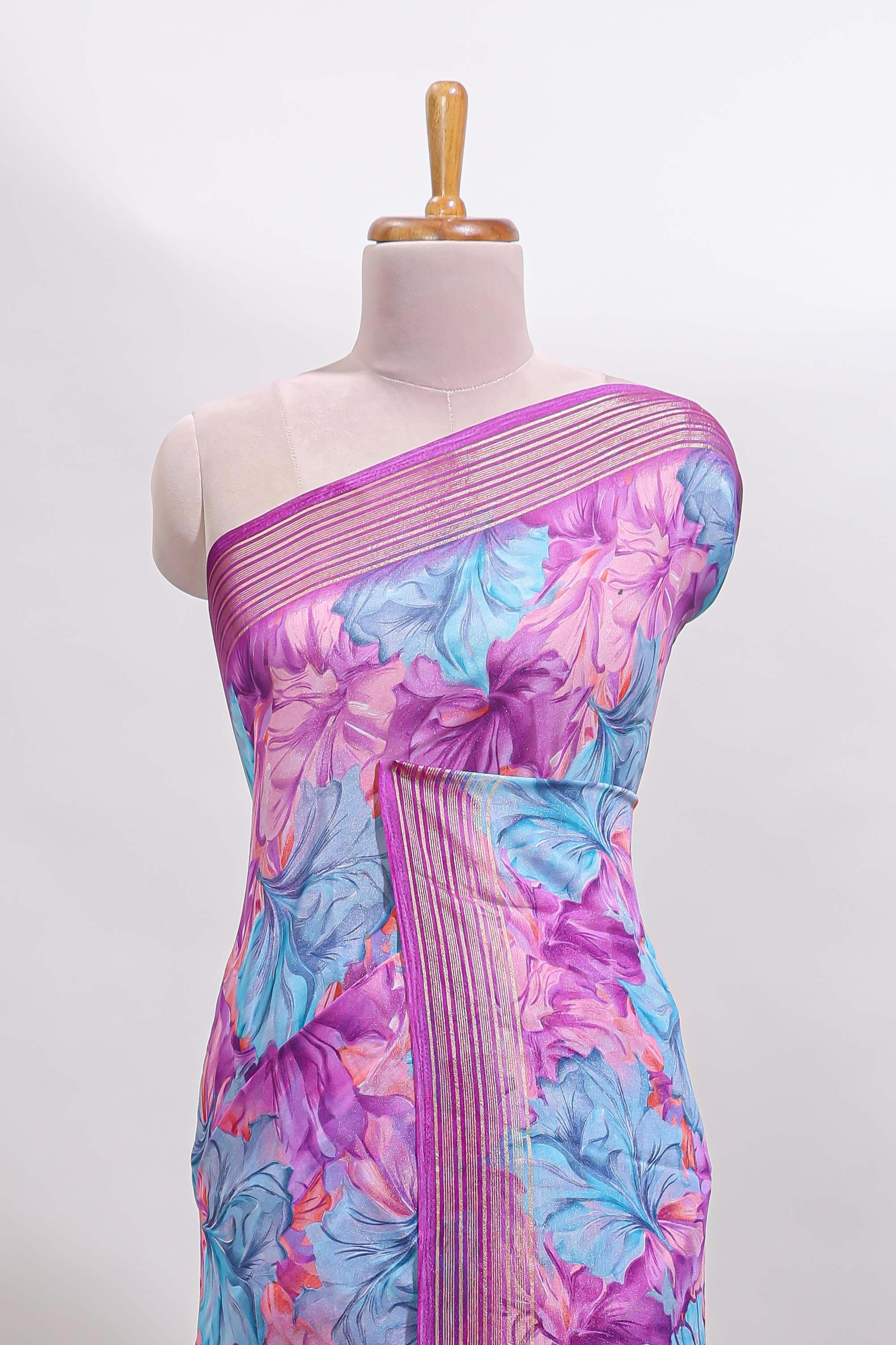 Lavender floral design georgette saree with self border and matching blouse