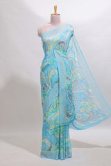 Blue floral design georgette saree with self border and matching blouse