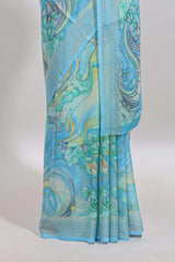 Blue floral design georgette saree with self border and matching blouse