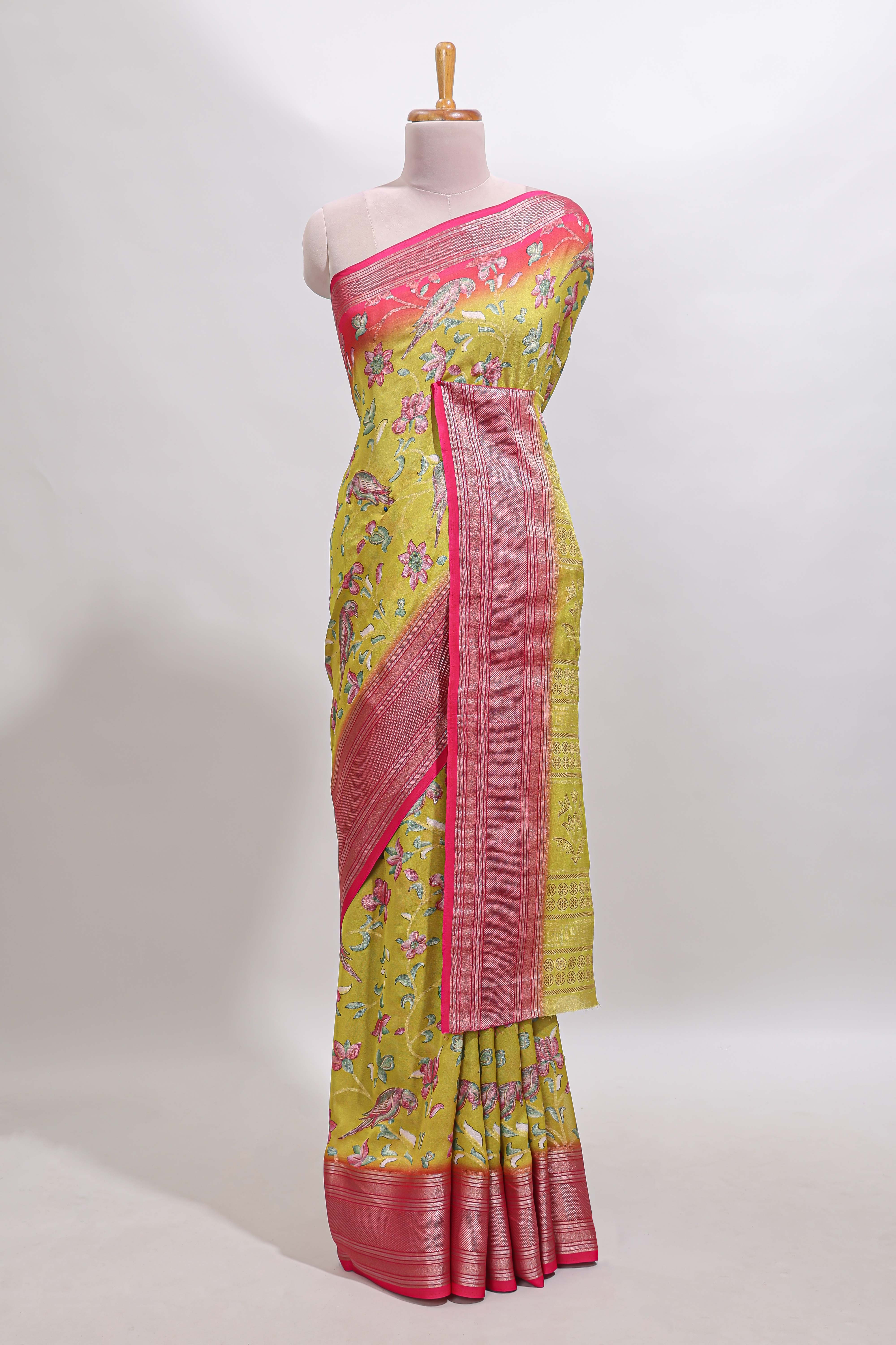Lemon yellow floral design georgette saree with contrast border and matching blouse