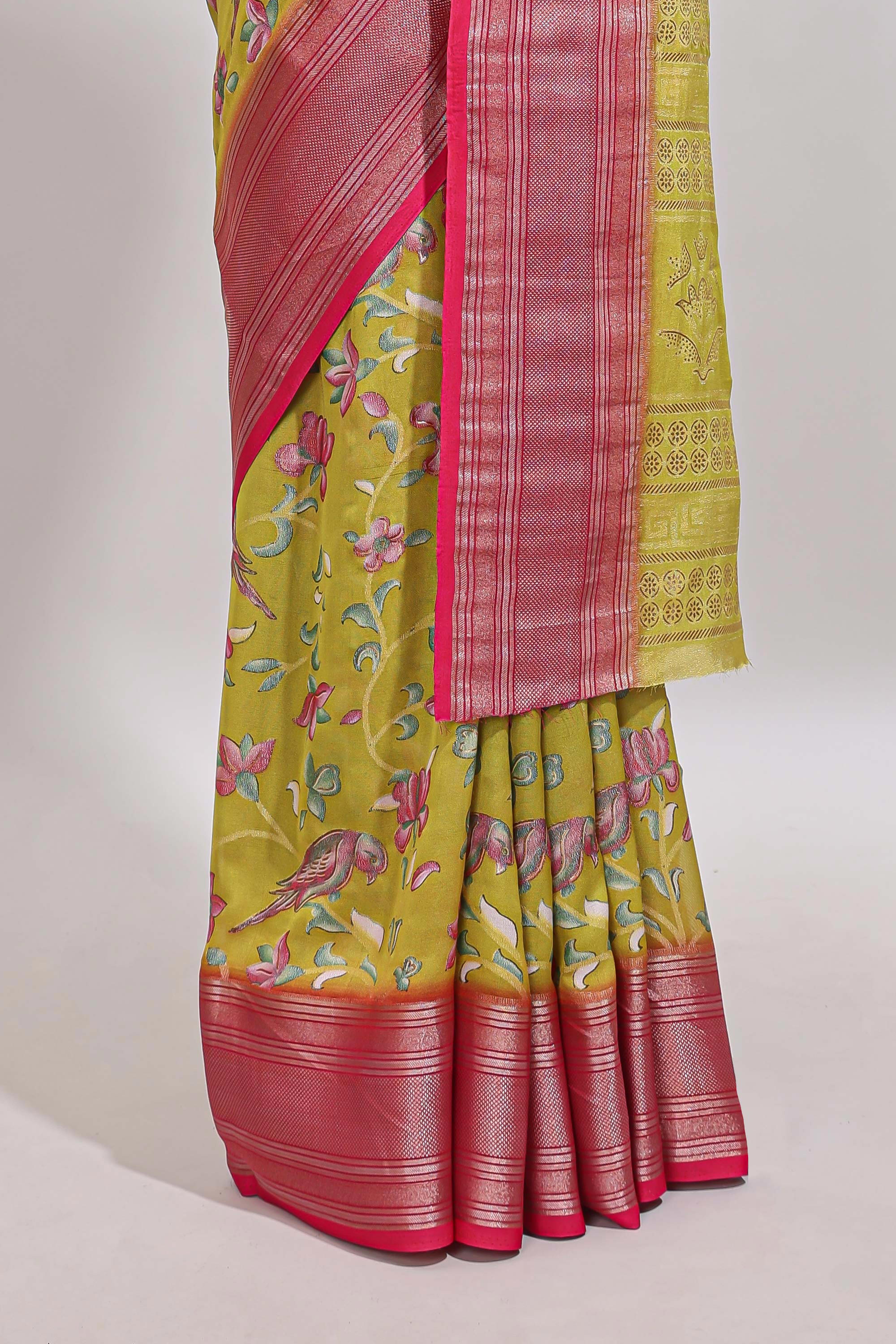Lemon yellow floral design georgette saree with contrast border and matching blouse