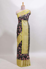 Black floral design georgette saree with contrast border and motifs blouse