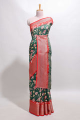 Green floral design georgette saree with contrast border and motifs blouse