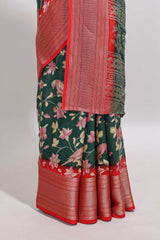 Green floral design georgette saree with contrast border and motifs blouse