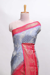 Mauve blue floral design georgette saree with contrast border and motifs blouse