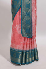 Pink floral design georgette saree with contrast border and motifs blouse