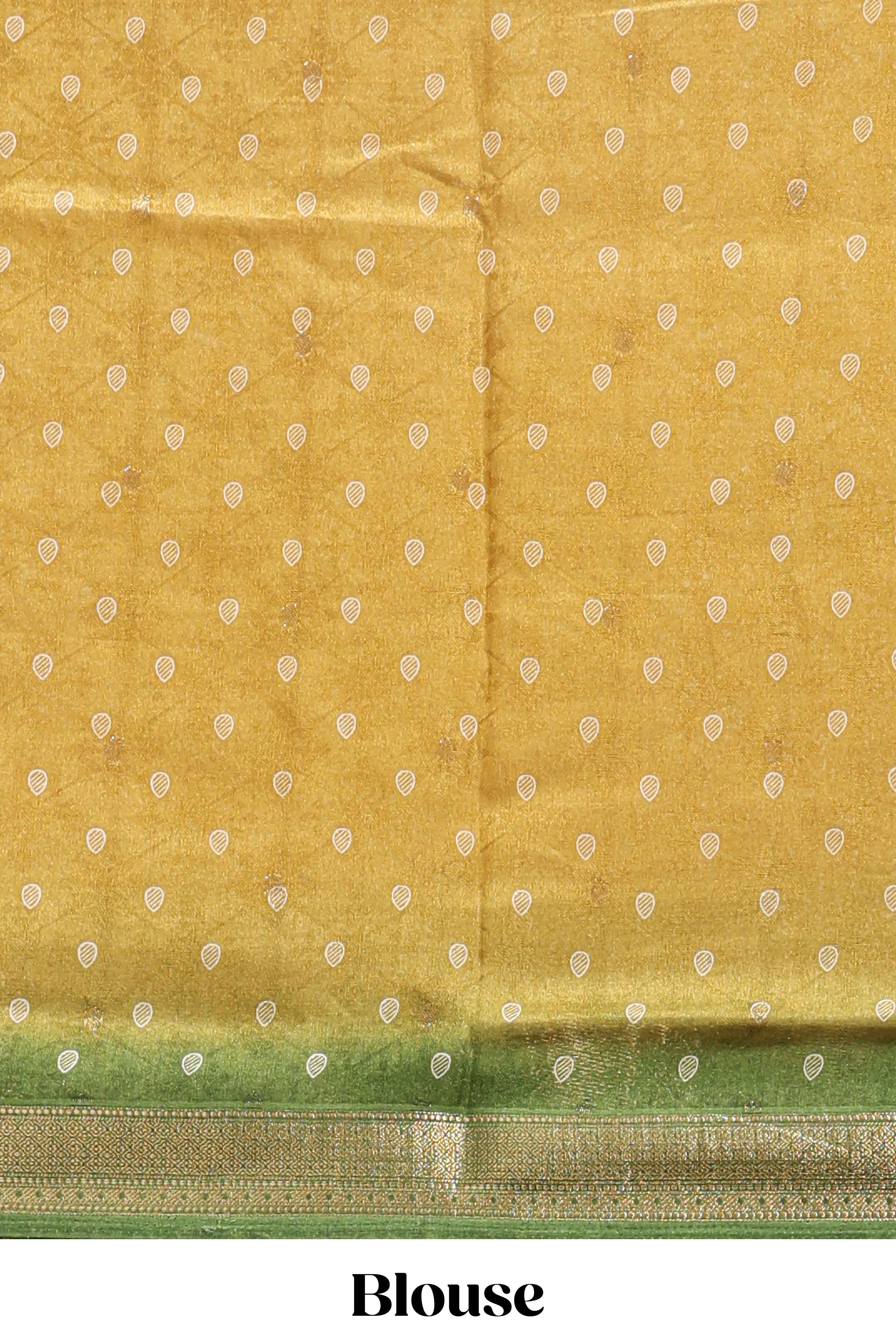 Golden yellow floral design georgette saree with contrast border and motifs blouse