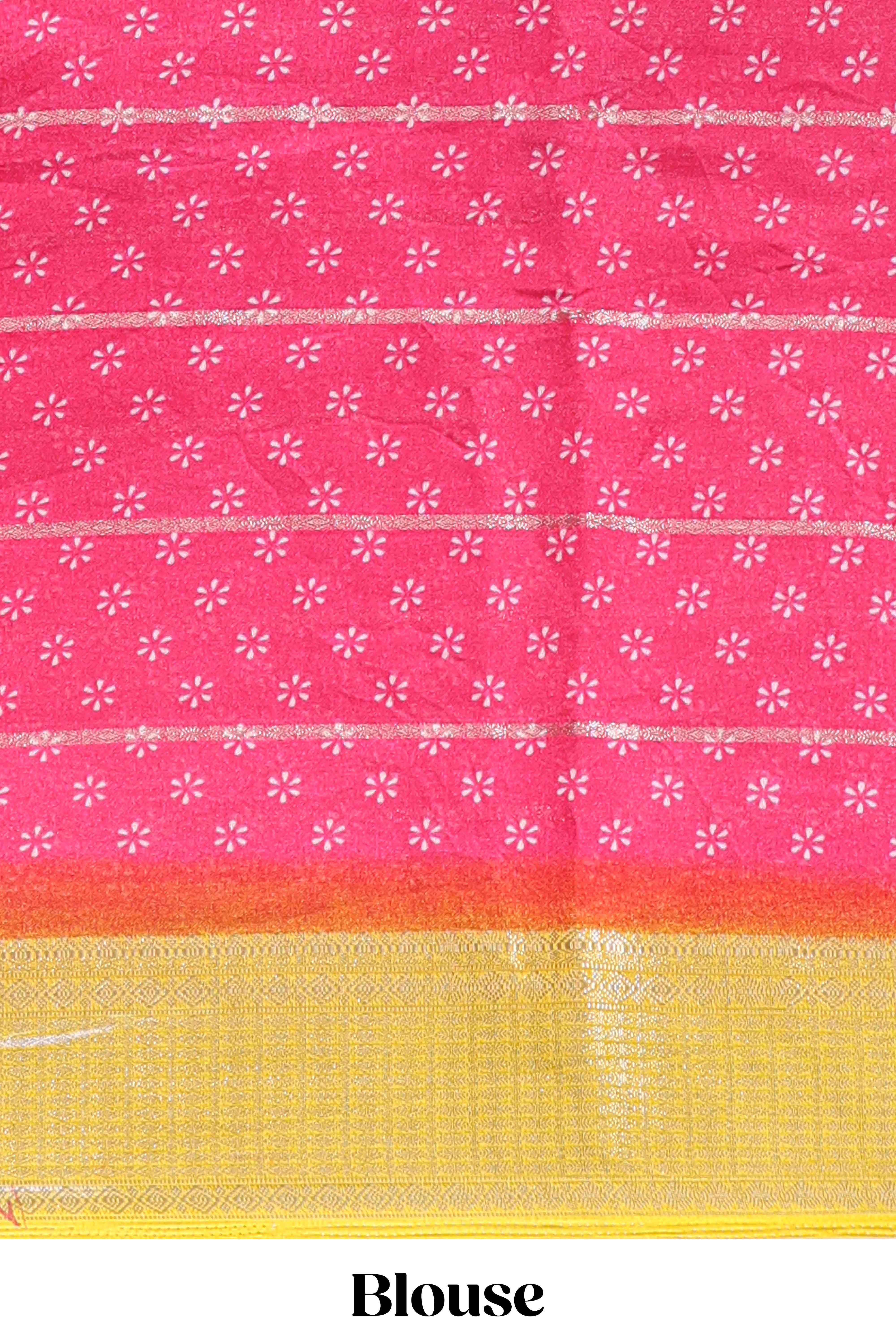 Pink striped floral design georgette saree with contrast border and motifs blouse