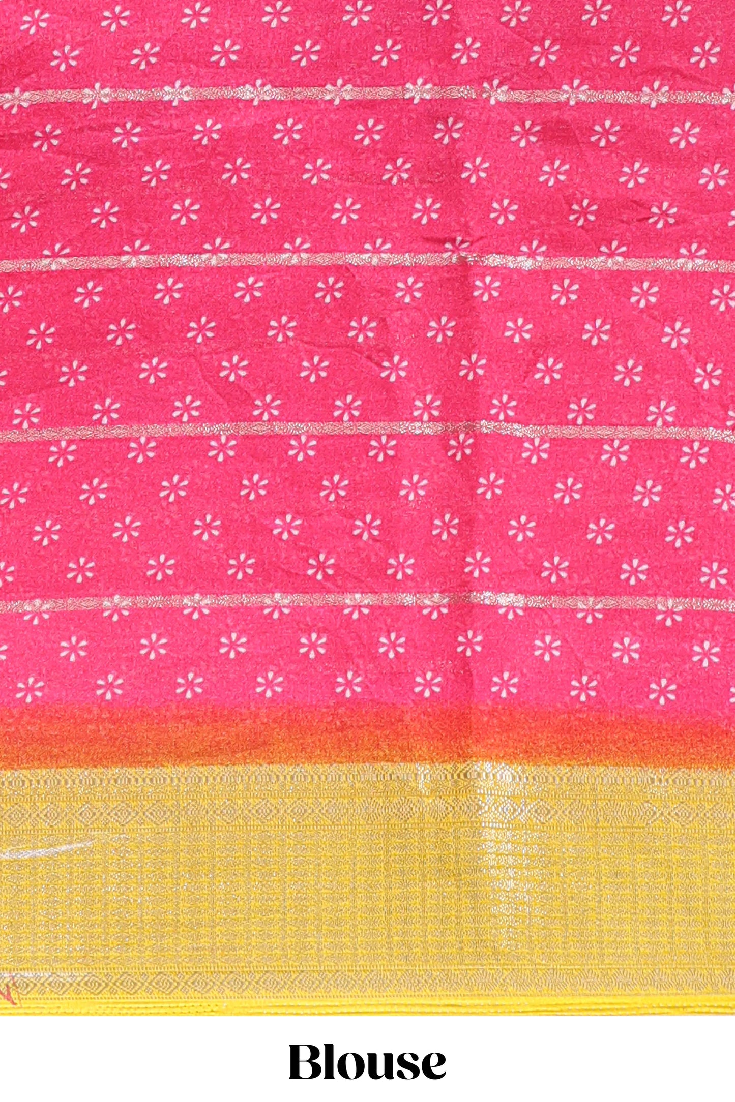 Pink striped floral design georgette saree with contrast border and motifs blouse