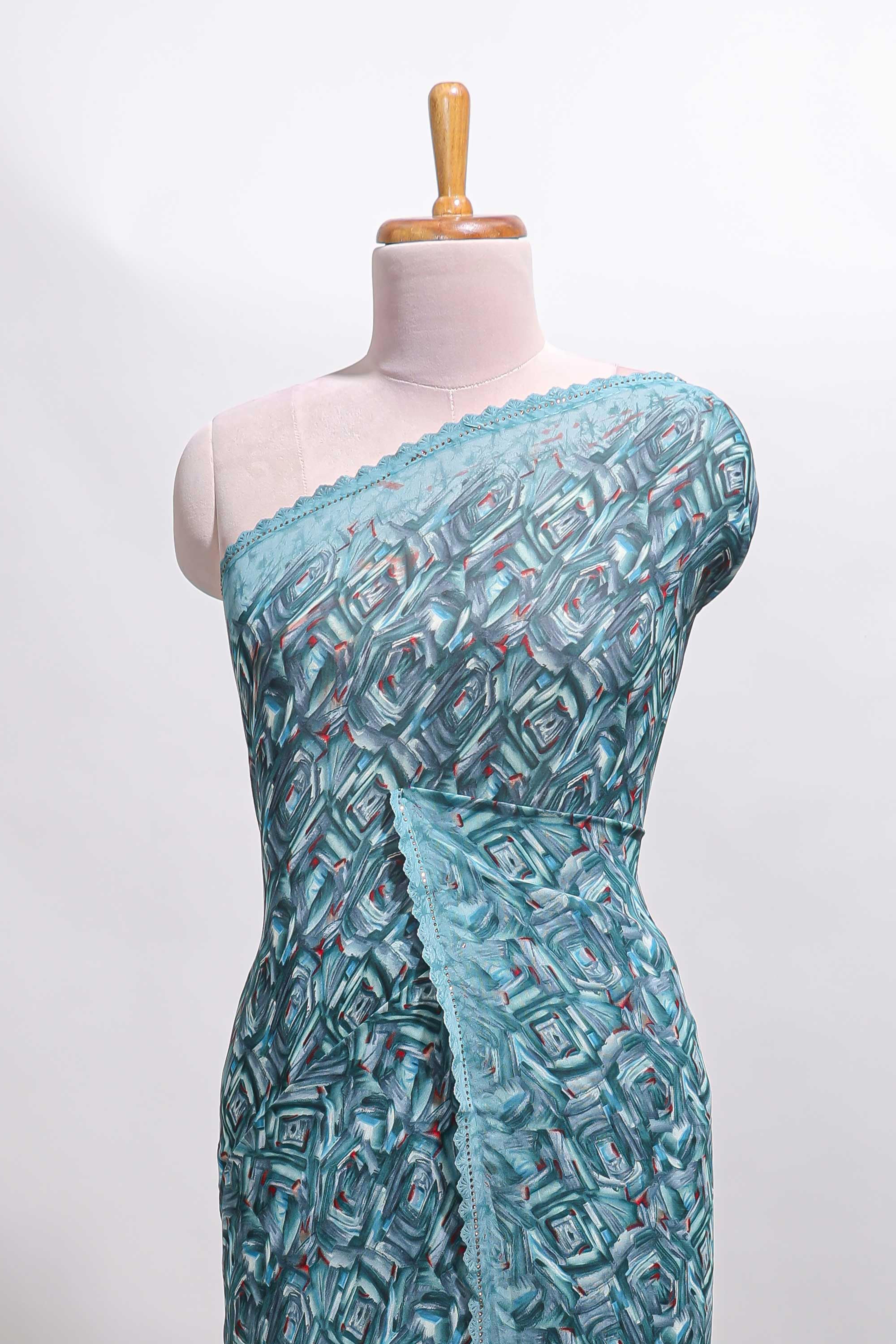 Turquoise blue geometirc digital print georgette saree with self scallop border and matching blouse