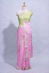 Green and pink double shaded zari checks georgette saree with small zari border and self pallu along with matching zari buttas blouse piece