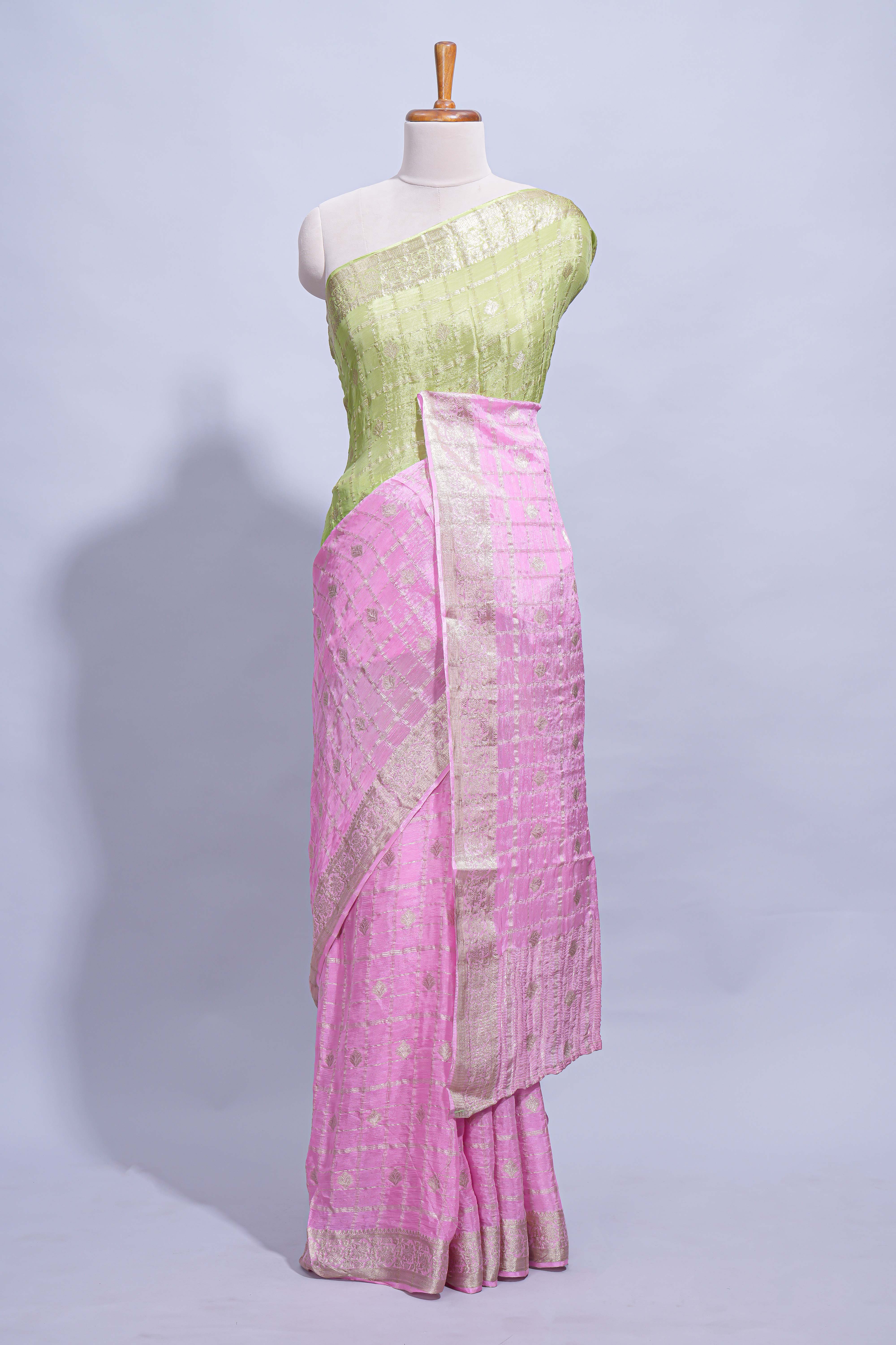 Green and pink double shaded zari checks georgette saree with small zari border and self pallu along with matching zari buttas blouse piece