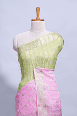 Green and pink double shaded zari checks georgette saree with small zari border and self pallu along with matching zari buttas blouse piece
